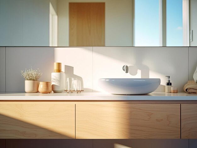 Maqueta interior realista de baño, fregadero de cerámica o lavabo con espejo y grifo, diseño moderno y minimalista, IA generativa.