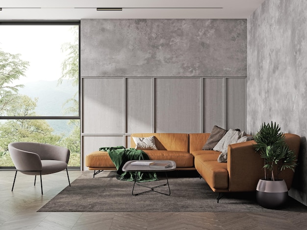 Maqueta interior de sala de estar en tonos grises con representación 3d de sofá marrón