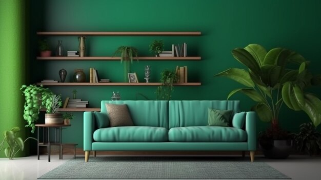 Maqueta interior con un sofá verde de pared verde y decoración en la sala de estar