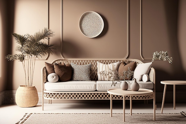 Maqueta interior con sofás de ratán de madera, una alfombra moderna y una decoración elegante para el hogar sobre un fondo de paredes beige, una estética escandinava