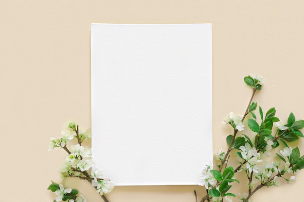 Maqueta de invitación de tarjeta de felicitación en blanco Planta floreciente de flores de manzana sobre fondo de mesa beige Vista superior plana Copyspace Maqueta de lienzo Plantilla de marca de negocio minimalista moderna Sombra suave