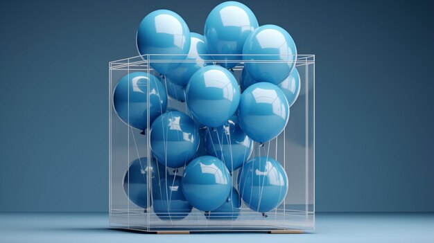 Maqueta de una jaula con globos azules