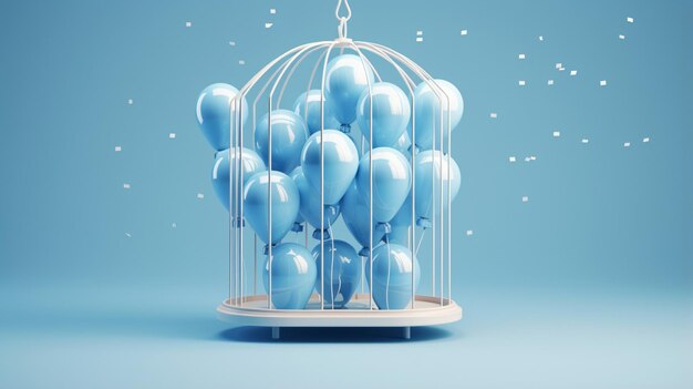 Maqueta de una jaula con globos azules