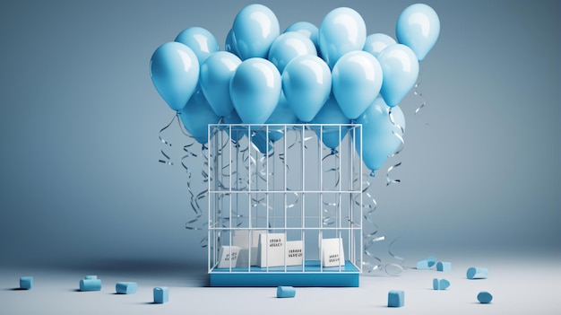 Maqueta de una jaula con globos azules