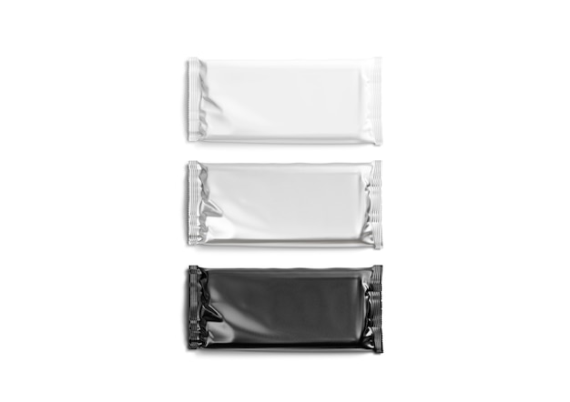 Maqueta de lámina de barra de chocolate en blanco, negro, blanco y plateado, maqueta de envoltura de barra de caramelo rectangular vacía
