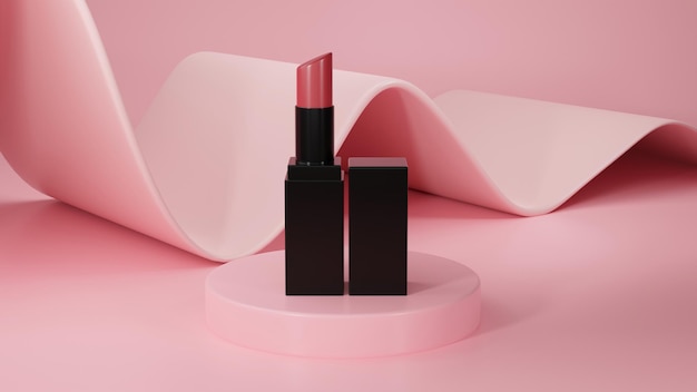 Maqueta de lápiz labial de mujer en pedestal rosa en elegante fondo rosa gráfico mujer cosmética 3d render