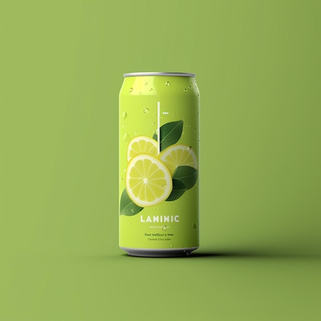 Maqueta de lata de refresco de limón sobre fondo verde renderizado 3d