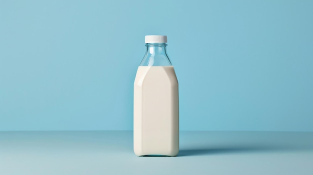 Foto maqueta de leche blanca en botella fondo azul