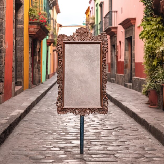 Foto maqueta de un letrero de calle vacío en río con telón de fondo de vibrantes trajes de carnaval callejero y bailes