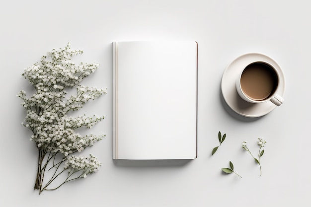 Maqueta de un libro blanco que muestra gypsophila y una taza de té en una mesa blanca