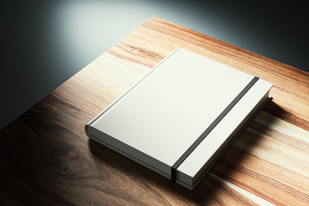 Maqueta de libro de tapa dura en blanco en una mesa de madera bajo luz de punto Rendering 3D