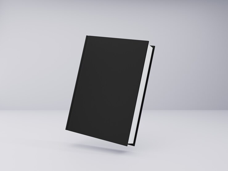 Maqueta de libro con tapa dura negra sobre fondo gris