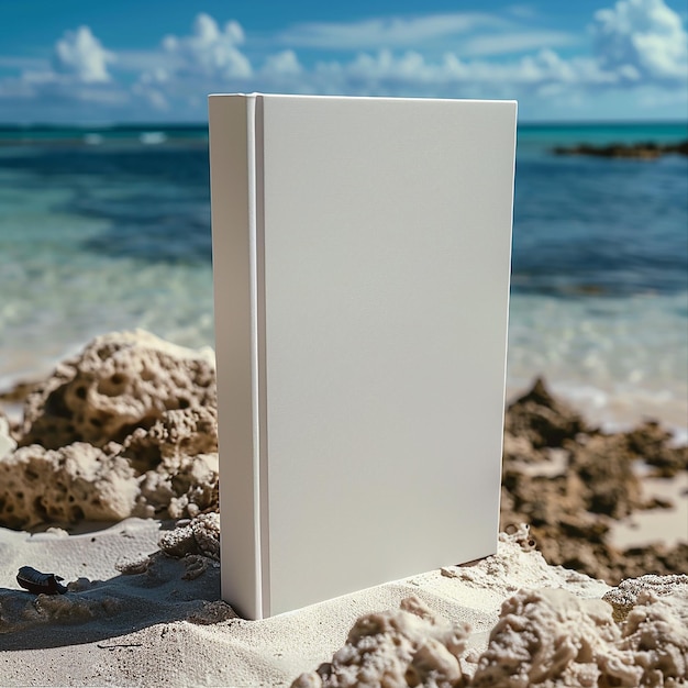 Foto maqueta de libro vacío en una playa de arena generada por ia