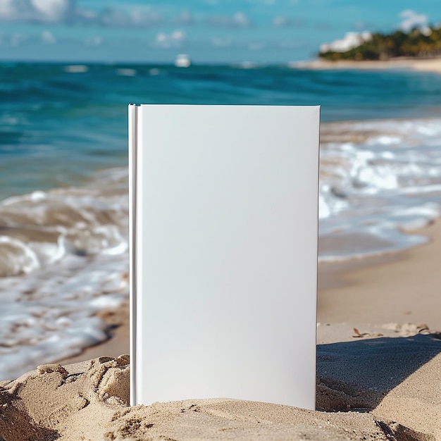 Foto maqueta de libro vacío en una playa de arena generada por ia