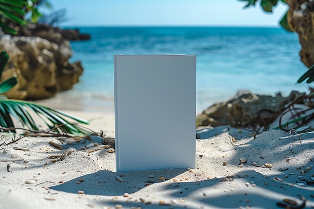 Foto maqueta de libro vacío en una playa de arena generada por ia