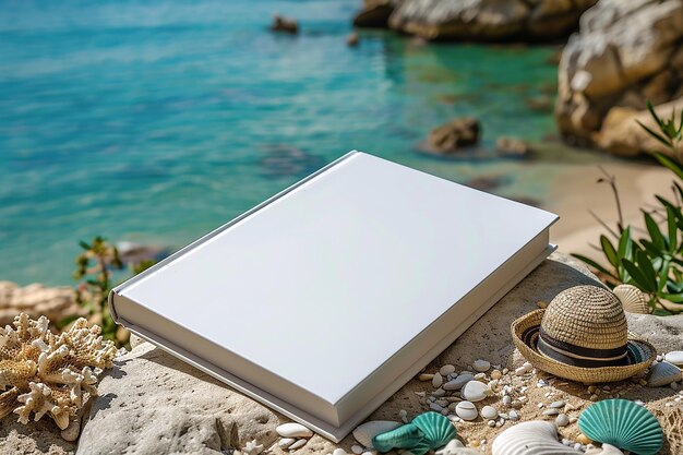 Foto maqueta de libro vacío en una playa de arena generada por ia