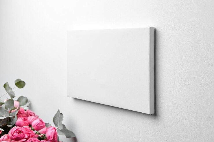 Maqueta de lienzo blanco colgado en rosas de pared blanca con eucalipto Decoración interior de lienzo en blanco vacío