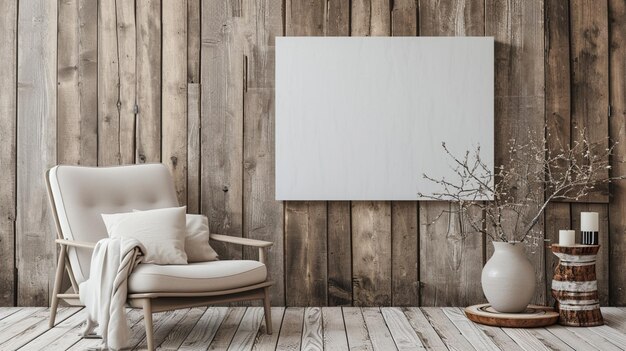 Maqueta de lienzo en fondo interior minimalista con sillón y decoración rústica Ai Generative
