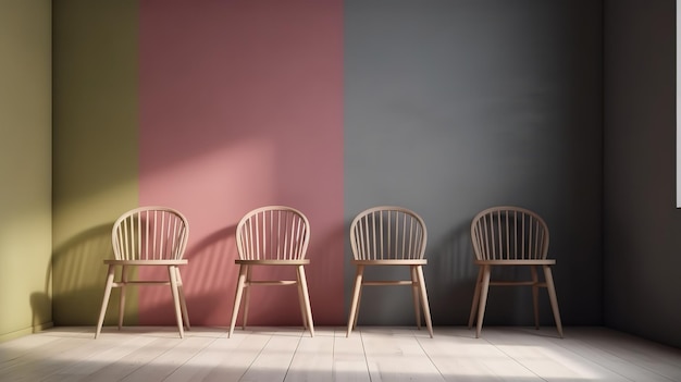 Maqueta de lienzo en sillas de madera en habitación vacía Ilustración 3d Color brillante Generativo Ai