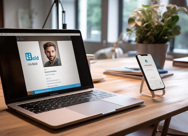 Maqueta de Linkedin en teléfono y teclado en un escritorio de madera en el S