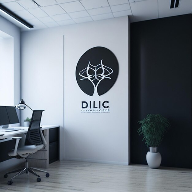 Foto maqueta del logotipo en la pared de la oficina