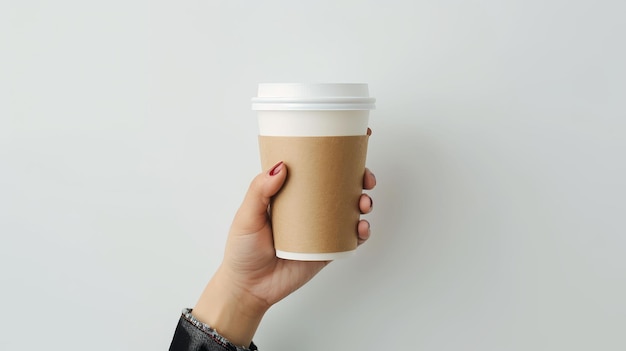 Maqueta de mano femenina sosteniendo una taza de papel de café sobre un fondo blanco plano