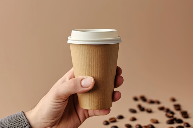 Foto maqueta de mano masculina sosteniendo una taza de papel de café aislada en un fondo gris claro taza de café de papel