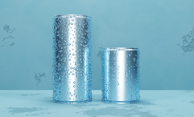 Maqueta de marca con latas de refresco azul en renderizado 3d