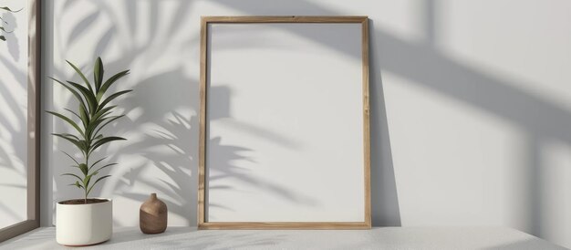 Foto maqueta de marco de arte con marco de madera en blanco en el interior de la habitación blanca con espacio para el texto