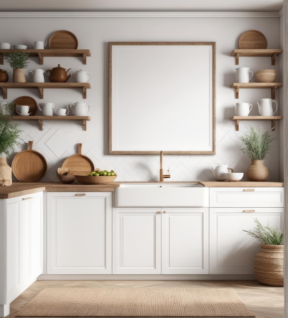Maqueta de un marco blanco sencillo en el interior de una cocina boho nómada con decoración rústica renderización 3d