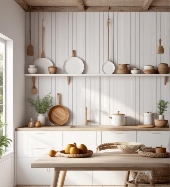 Foto maqueta de un marco blanco sencillo en el interior de una cocina boho nómada con decoración rústica renderización 3d