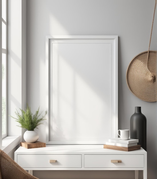 Maqueta de un marco blanco sencillo en un interior de estudio con decoración rústica renderización 3D