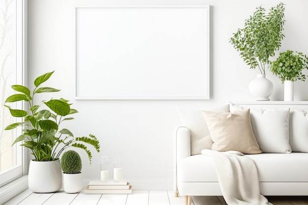 Maqueta de marco blanco vacío en la pared blanca vacía en el interior de la sala de estar con plantas verdes