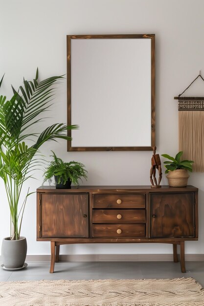 Foto maqueta de marco de cartel vacío en la pared blanca en una acogedora sala de estar con aparador de madera y planta verde