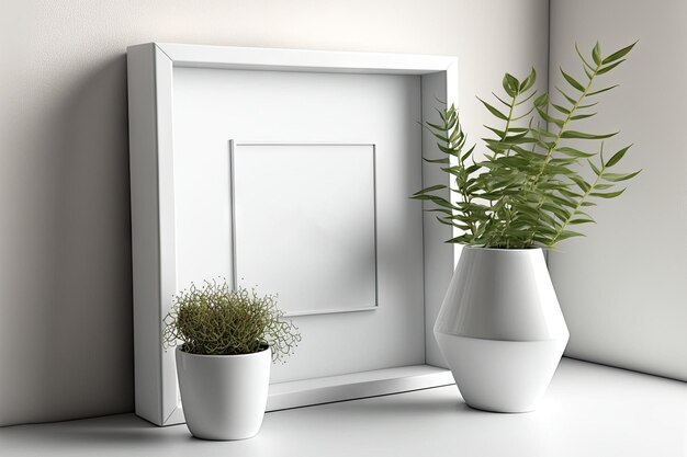 Maqueta de un marco cuadrado blanco en un estante de escritorio blanco o en una pared