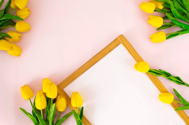 Maqueta de un marco cuadrado blanco con tulipanes amarillos sobre un fondo rosa Marco o fondo para el Día de San Valentín El concepto de composición de primavera de vacaciones