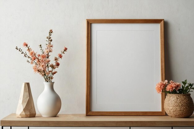 Foto maqueta de marco con espacio vacío para la imagen en la mesa de madera en el interior de boho