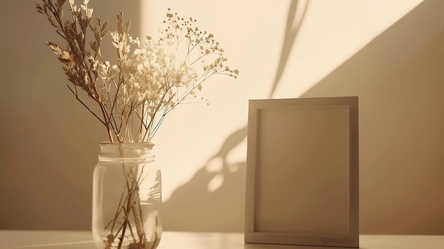 Maqueta con un marco y flores secas en un jarrón en una mesa blanca de cerca AI generativa