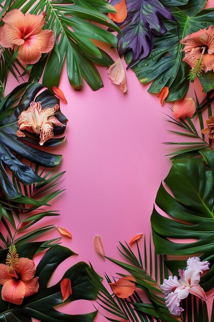 Foto maqueta de marco con follaje tropical y arreglo de flores espacio de copia