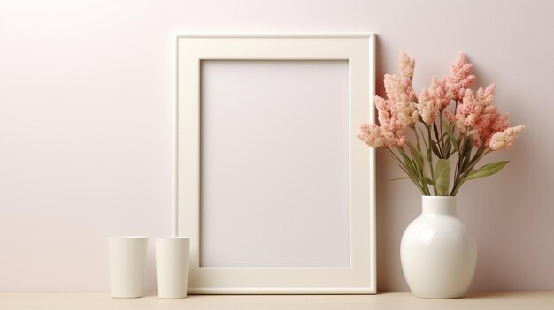 Una maqueta con un marco fotográfico y un jarrón blanco con flores decorativas en colores claros