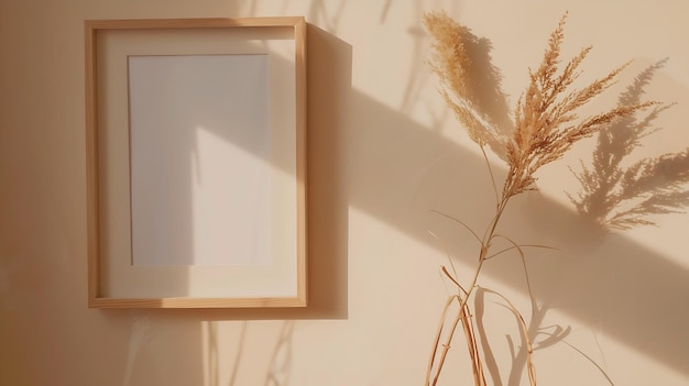 Maqueta de marco fotográfico de madera con planta seca sobre fondo beige Composición de otoño Flat Generative AI