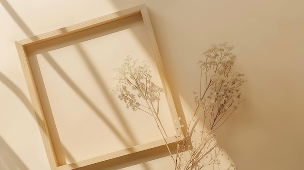 Maqueta de marco fotográfico de madera con planta seca sobre fondo beige Composición de otoño Flat Generative AI