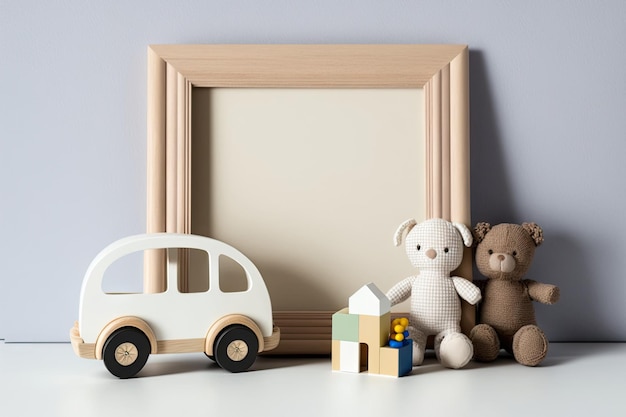 Maqueta de un marco de fotos de bebé con juguetes y cubos de madera