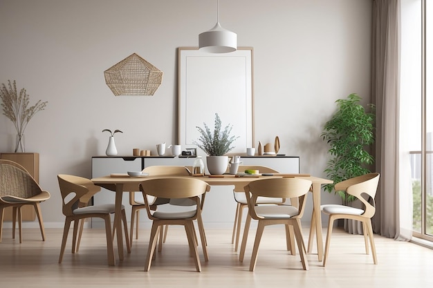 Foto maqueta de marco de fotos en blanco en el diseño interior de un comedor moderno con mesa de comedor y sillas