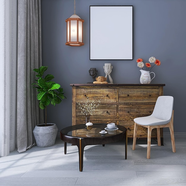 Maqueta de marco de fotos en blanco en escena de diseño de interiores de sala de estar moderna con mesa de centro de sofá