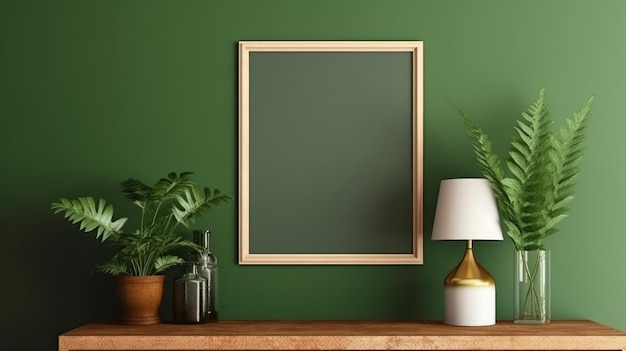 Maqueta de marco de fotos de madera pared verde montada en el florero de la lámpara interior del gabinete de madera IA generativa