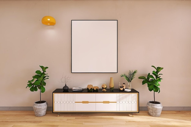 Maqueta de marco de fotos con unidad multimedia y plantas en una sala de estar moderna