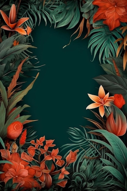 Maqueta de marco con hojas y flores tropicales Generativo ai