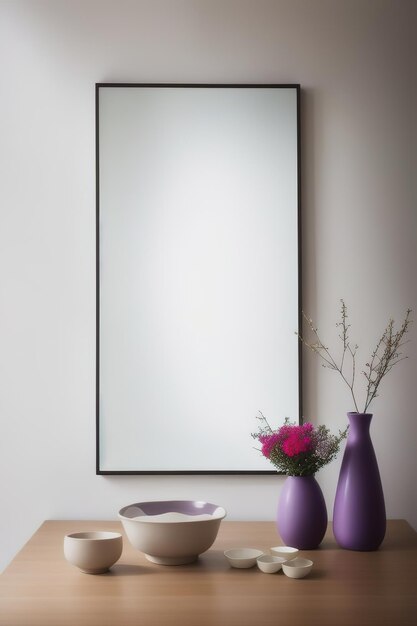 Maqueta de marco de imagen en blanco en el escritorio Estilo minimalista escandinavo Artículos interiores Jarrones con flores