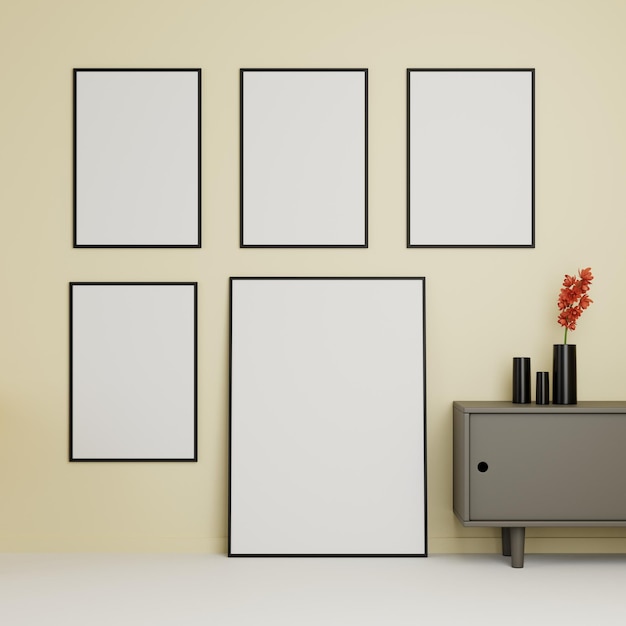 Foto maqueta de marco de imagen en blanco en la ilustración de rener 3d de estilo minimalista de la sala de estar interior moderna